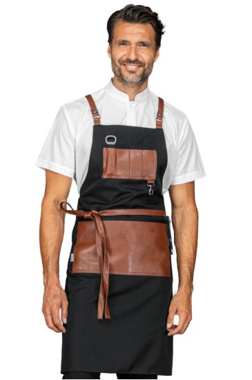 Grembiule Bristol  con inserti e lacci in pelle - Isacco Nero+cuoio