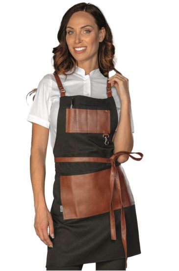Bristol short apron with leather inserts and laces - Isacco Black+leather